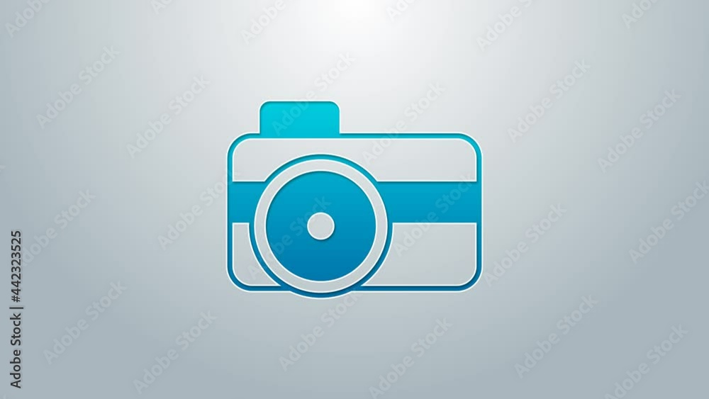 Blue line Photo camera for diver icon isolated on grey background. Foto camera icon. Diving underwater equipment. 4K Video motion graphic animation