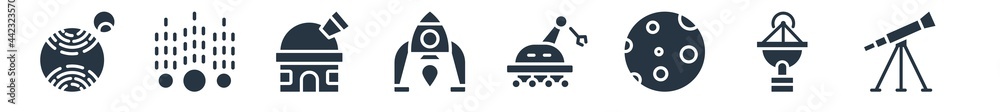 astronomy filled icons. glyph vector icons such as telescope pointing up, radar pointing up, big moon, space robot, lander, observatory, meteor shower sign isolated on white background. astronomy filled icons. glyph vector icons such as telescope pointing up, radar pointing up, big moon, space robot, lander, observatory, meteor shower sign isolated on white background.