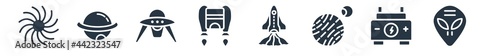 astronomy filled icons. glyph vector icons such as extraterrestrial, generator, uranus with satellite, liftoff, jet pack, ufo flying, saturn sign isolated on white background.
