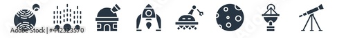 astronomy filled icons. glyph vector icons such as telescope pointing up, radar pointing up, big moon, space robot, lander, observatory, meteor shower sign isolated on white background.