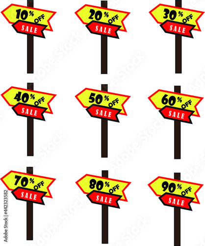 set of 10, 20, 30, 40, 50, 60, 70, 80 and 90% discount cards. Discount arrow boards in yellow, black and red.
