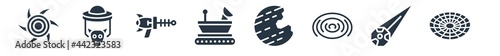 astronomy filled icons. glyph vector icons such as relativity, meteorite falling, nebula, destroyed planet, moonwalker, gun blaster, ufo and cow sign isolated on white background.