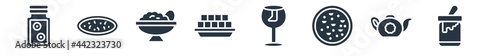 food and restaurant filled icons. glyph vector icons such as dulce de leche, tea pot, kung pao chicken, brittle, tofu, congee, beef chow fun sign isolated on white background.