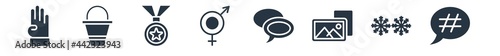shapes filled icons. glyph vector icons such as hash key, two snow flakes, foto, speech bubble black, male and female, star pendant, empty bucket sign isolated on white background.