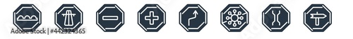 traffic signs filled icons. glyph vector icons such as road, narrow bridge, no virus, right reverse bend, hospital, no entry, motorway sign isolated on white background.