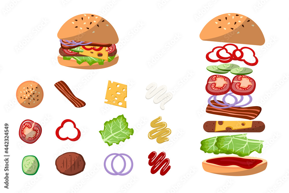 burger ingredients. american hamburger cooking. components of cheeseburger. fast food set.