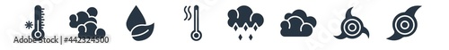 weather filled icons. glyph vector icons such as tropical storm, typhoon, cirrus cumulus, ice pellets, warm, dew, subtropical climate sign isolated on white background.