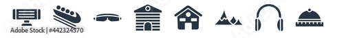 winter filled icons. glyph vector icons such as winter cap, earmuffs, snowy mountain, chalet, winter cabin, snow goggle, bobsled sign isolated on white background.