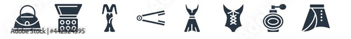 woman clothing filled icons. glyph vector icons such as skirt with white lining?, circular perfume bottle?, bikini one piece swimwear?, long dress?, hair iron?, long sleeve flowy dress?, eyes shades