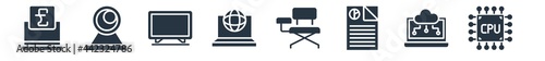 computer filled icons. glyph vector icons such as computer micro chip, laptop with cloud data, data page, school desk, surfing the net, tv screen, round webcam sign isolated on white background.