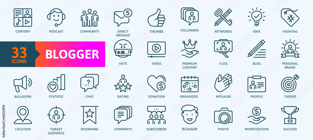 Blogger, blogging, blog -  thin line web icon set. Outline icons collection. Simple vector illustration.