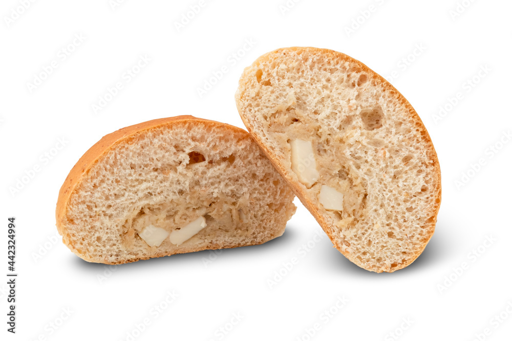 Half sliced Bun Stuffed with tuna and boiled egg isolated on white background with Clipping Path Half sliced Bun Stuffed with tuna and boiled egg isolated on white background with Clipping Path