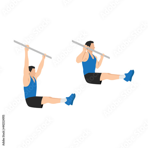 Man doing L sit pull ups exercise. Flat vector illustration isolated on white background