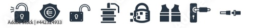 security filled icons. glyph vector icons such as seat belt, door lock, reflective vest, lock graphic interface security, smoke grenade, unlocked padlock, euro currency security shield sign isolated