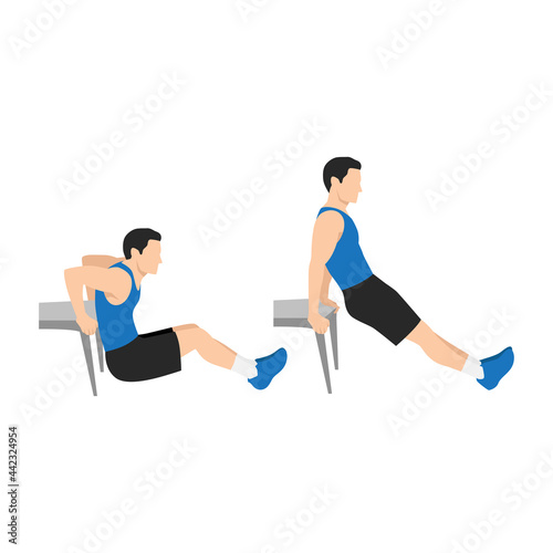 Man doing Chair. bench tricep dips exercise. Flat vector illustration isolated on white background