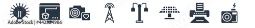 technology filled icons. glyph vector icons such as photo camera flash, printing, null, lamp post, broadcast communications tower, camera and heart picture, 3d printers sign isolated on white