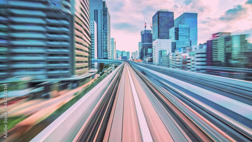 4K Timelapse Motion blur of moving train at sunset, Tokyo, Japan
