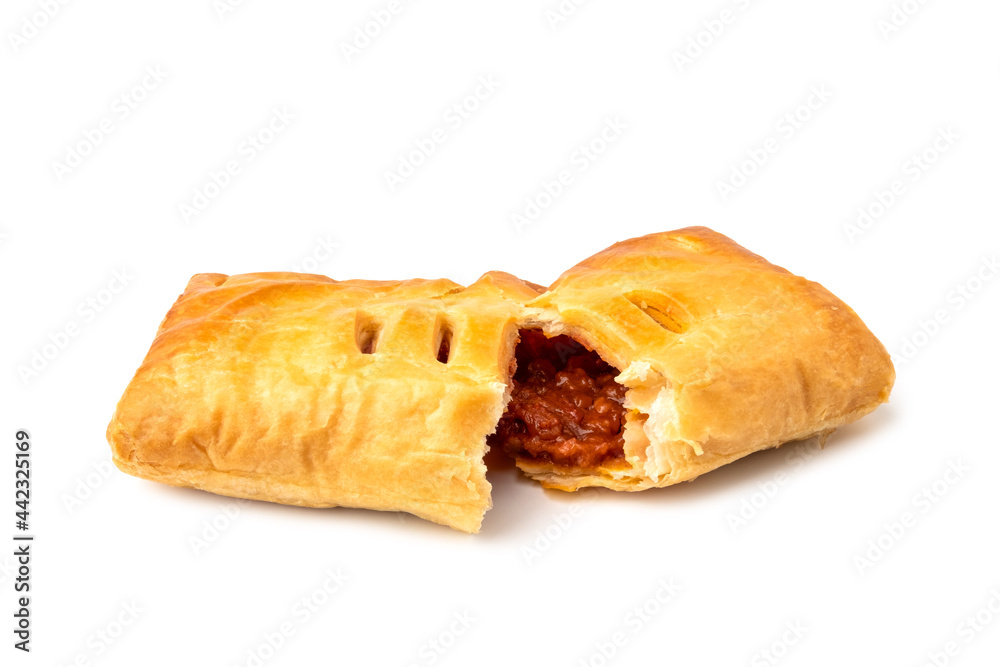 Freshly baked red pork filled pie,Pieces of pie stuffed with minced pork with red sauce on white background Freshly baked red pork filled pie,Pieces of pie stuffed with minced pork with red sauce on white background