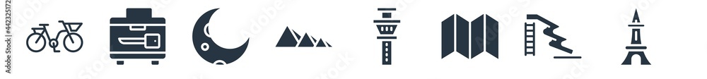 travel filled icons. glyph vector icons such as france, water slide, unfolded map, control tower, egyptian pyramids, basic moon, secure briefcase sign isolated on white background. travel filled icons. glyph vector icons such as france, water slide, unfolded map, control tower, egyptian pyramids, basic moon, secure briefcase sign isolated on white background.