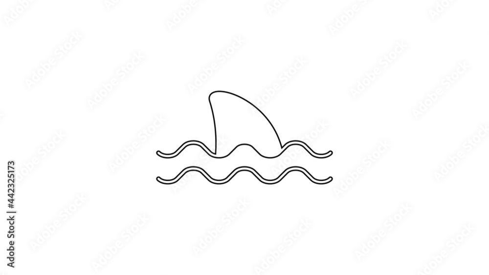 Black line Shark fin in ocean wave icon isolated on white background. 4K Video motion graphic animation Black line Shark fin in ocean wave icon isolated on white background. 4K Video motion graphic animation