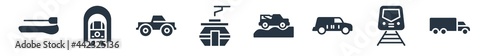 transportation filled icons. glyph vector icons such as eighteen-wheeler, light rail, hearse, off road, funicular railway, monster truck, train in a tunnel sign isolated on white background.