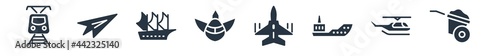 transportation filled icons. glyph vector icons such as oxcart, military helicopter, icebreaker ship, military airplane, jetliner, schooner, airplane of paper sheet sign isolated on white