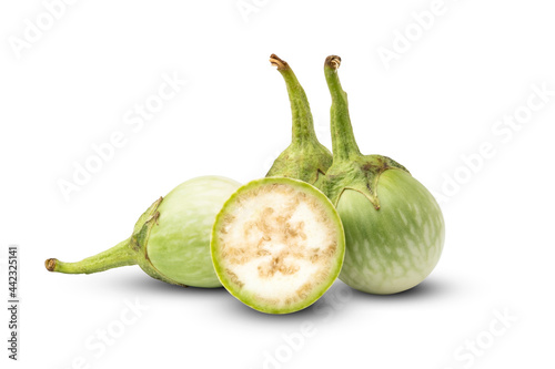 Thai Green Eggplant and half sliced isolated on white background with Clipping Path