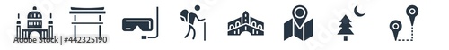 travel filled icons. glyph vector icons such as itinerary, moon and tree, unfolded map with location mark, venice, backpacker, diving goggles, torii sign isolated on white background.