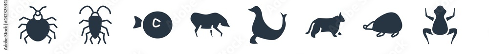 Fototapeta premium animals filled icons. glyph vector icons such as tropical frop, hegdehog, pallas cat, sea lion, hog, puffer, cockroach sign isolated on white background.