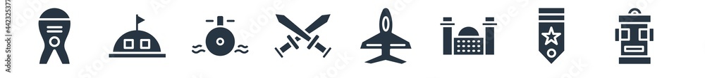 army and war filled icons. glyph vector icons such as army backpack, militar in, militar antique building, jet, combat, submarine front view, militar tent sign isolated on white background.