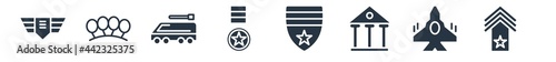 army and war filled icons. glyph vector icons such as lieutenant, fighter plane, federal agency, chevrons, condecoration, armo vehicle, knuckle sign isolated on white background.