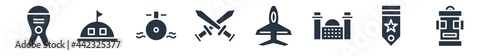 army and war filled icons. glyph vector icons such as army backpack, militar in, militar antique building, jet, combat, submarine front view, militar tent sign isolated on white background.