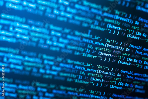 php web programming source code. Abstract code background. WWW software development. Software background. Website codes on monitor
