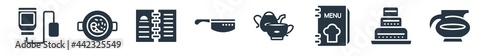 bistro and restaurant filled icons. glyph vector icons such as coffe pot, three levels cake, menu card, tea set, butcher knife, open menu, paella with parwns sign isolated on white background.
