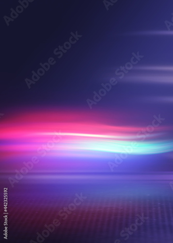 Neon abstract light rays on a dark background. Light effect, laser show, surface reflection. Ultraviolet radiation, nightclub. 3d illustration