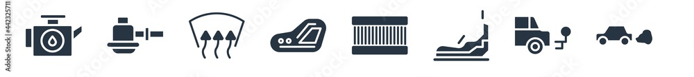 car parts filled icons. glyph vector icons such as car tailpipe, car towbar, bumper, radiator, reversing light, demister, sump sign isolated on white background. car parts filled icons. glyph vector icons such as car tailpipe, car towbar, bumper, radiator, reversing light, demister, sump sign isolated on white background.