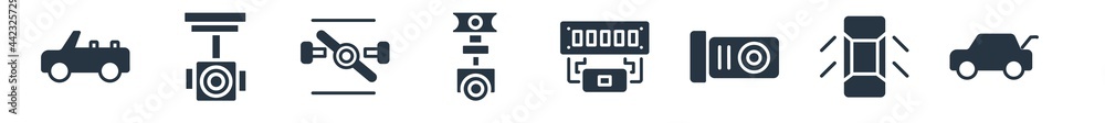 car parts filled icons. glyph vector icons such as car boot, car indicator, petrol cap, manifold, piston, choke, connecting rod sign isolated on white background.