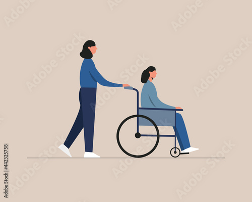 Young disabled woman sitting in a wheelchair. Care, assistance. Disability people daily life.