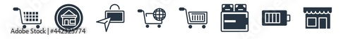commerce filled icons. glyph vector icons such as front store with awning, eco tag, wallet filled money tool, supermarket shopping cart, commerce and shopping, black pointer, house badge sign