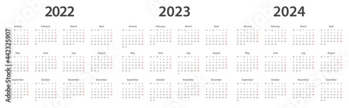 Calendar 2022, calendar 2023, calendar 2024 week start Monday corporate design planner template.