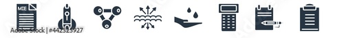 education filled icons. glyph vector icons such as written clipboard, notebook open with bookmark, school calculator, hand care, archimedes principle, chemical diagram, ballistic sign isolated on