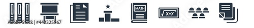education filled icons. glyph vector icons such as sticky note, grandstand, square root in class, math book, top, various files, writing whiteboard sign isolated on white background.
