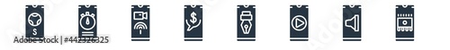 mobile app filled icons. glyph vector icons such as rom, audio, media player, edit tool, mobile banking, videocall, stop watch sign isolated on white background.