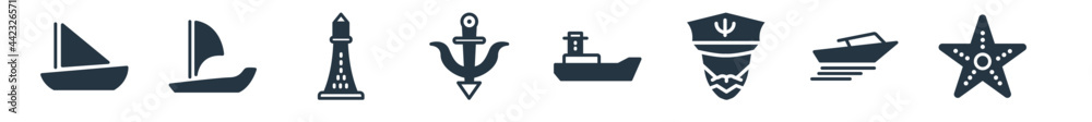 nautical filled icons. glyph vector icons such as starfish with dots, speedboat, ship admiral, scow, marine, smeaton's tower?, windsail sign isolated on white background. nautical filled icons. glyph vector icons such as starfish with dots, speedboat, ship admiral, scow, marine, smeaton's tower?, windsail sign isolated on white background.