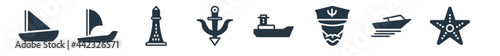 nautical filled icons. glyph vector icons such as starfish with dots, speedboat, ship admiral, scow, marine, smeaton's tower?, windsail sign isolated on white background. photo