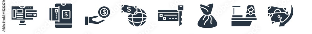 payment filled icons. glyph vector icons such as money transfer, cashier, money bag, card key, trade, pay, mobile card sign isolated on white background. payment filled icons. glyph vector icons such as money transfer, cashier, money bag, card key, trade, pay, mobile card sign isolated on white background.