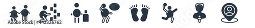 people filled icons. glyph vector icons such as people location, male reporter, volley ball, human feet, strategies, luggage, rummy sign isolated on white background.