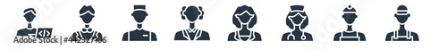 professions & jobs filled icons. glyph vector icons such as mechanic, mechanical engineer, physician assistant, hr specialist, chemist, concierge, showman sign isolated on white background.