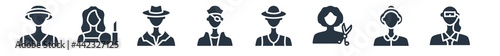 professions & jobs filled icons. glyph vector icons such as bouncer, librarian, hairdresser, fisherman, pirate, mafia, makeup artist sign isolated on white background.