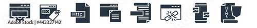 programming filled icons. glyph vector icons such as html5, ux de, broken link, article, seo keywords, http, seo tags sign isolated on white background.